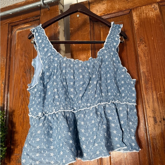 American Eagle Outfitters Denim Floral Ruffle Blouse - Picture 2 of 5